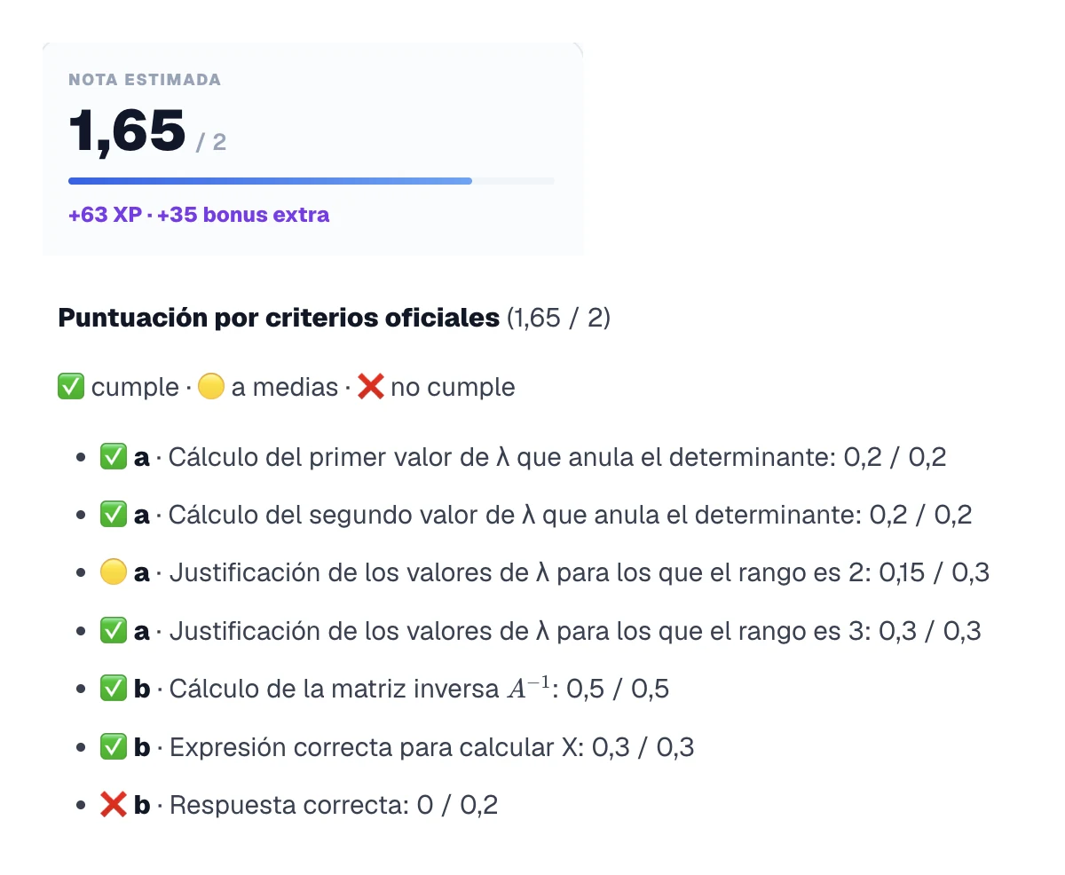 Corrección real de Kairo: nota 1,65 sobre 2 y desglose por criterios oficiales, con cada criterio marcado como cumple, a medias o no cumple